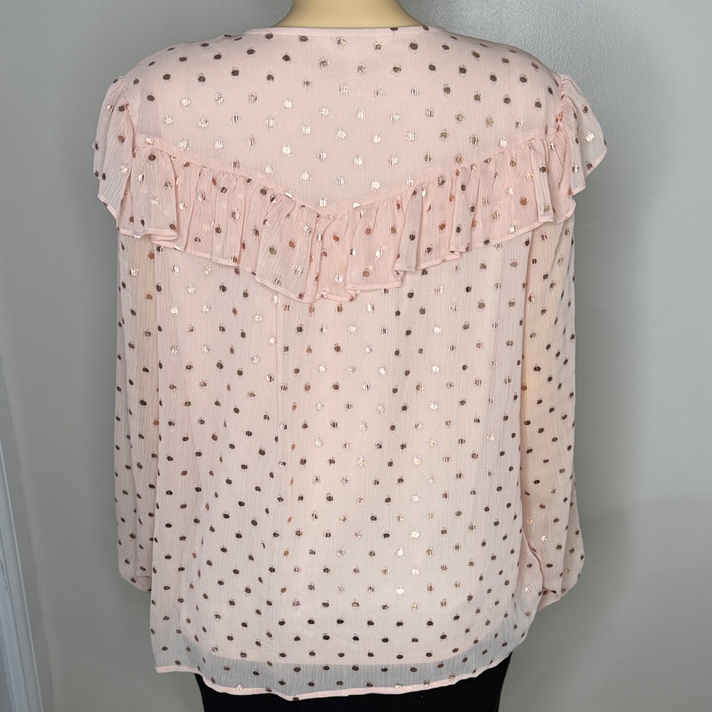 LC Lauren Conrad Blush Pink Metallic Polka Dot Ruffle Blouse Size Large - Picture 9 of 14